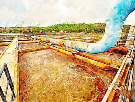 Pipe and walk bridge above waste water pool. Sedimentation tank. Watercolor paint.の写真素材