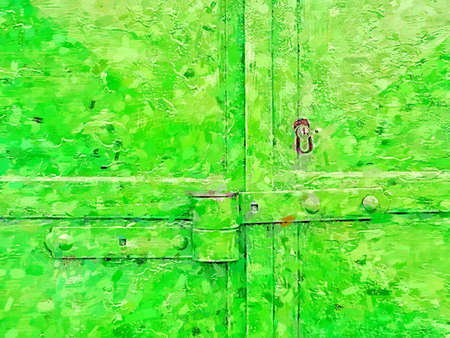 Green painted obsolete metal garage gate with armored lock housing. Detail of lock system. Watercolor paint.の写真素材