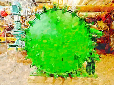 Green water tank. Big heat exchanger in an industrial cellar. Lots of pipes and pumps. Watercolor paint.の写真素材