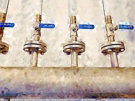 Metal chrome pipe with flange and set of valves. Industrial concept of pipes and valves plumbing, closeup Watercolor paint.の写真素材