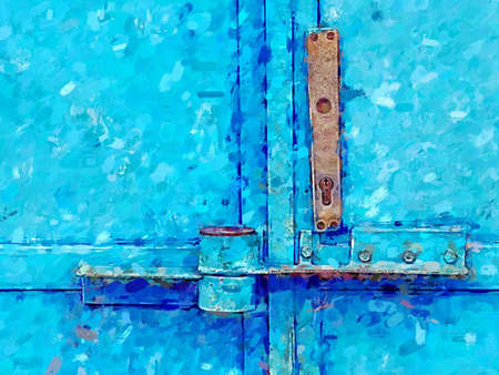 Door lock system detail. Blue industrial double door with rusty marks. Massive hardened latch lock. Watercolor paint.の写真素材
