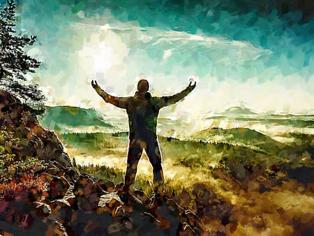 Hiking on a mountain ridge in the summit of clouds. A happy man. Watercolor paint.の写真素材