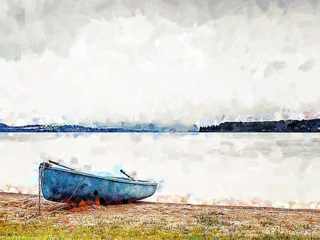 Boat anchored in calm bay. Touristic resort with nobody. Calm water level, idilic walk at shore. Watercolor paint.の写真素材