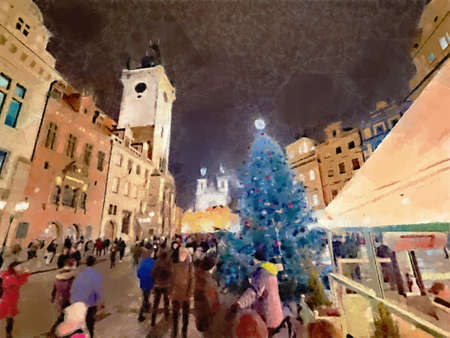Staromestske Namesti also known as the Old Town Square with Old astronomical clock tower. The central marketplace of Prague Old Town, Christmas night. Watercolor paint styleの写真素材
