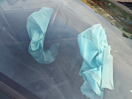 Interior of an automobile involved in a front crash with a deployed steering column airbag.の写真素材