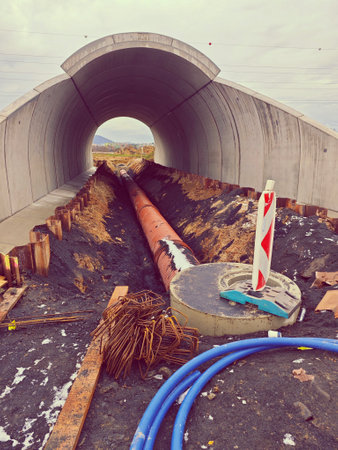 Highway sewer tunnel under construction, undercut for water drainの写真素材
