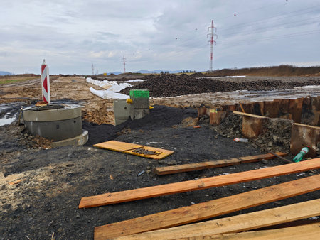 excavated work area around a new highway construction projectの写真素材
