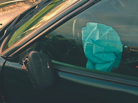 Exploded airbag in SUV car. Wrecked car with opened airbags after accidentの写真素材