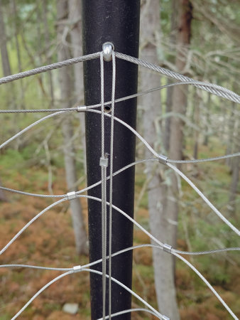 End tensioning joints on a modern wire fence. Anchor eye with thread and tensioning mechanism, safety equipmentの写真素材
