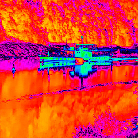 Boat on the river, floating ship. Thermal camera photography, infrared scanの写真素材