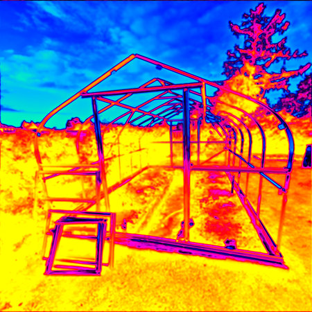 Steel structure of garden greenhouse, gardening. Thermal camera photography, infrared scanの写真素材
