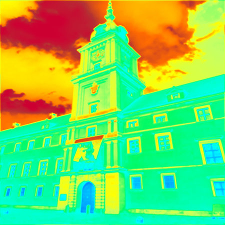 Old city house. traditional architecture used stone, brick and concrete blocks. Thermal camera photography, infrared scanの写真素材