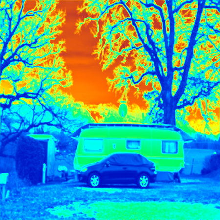 Camping at the lake. Car with tent and caravan. Thermal camera photography, infrared scanの写真素材