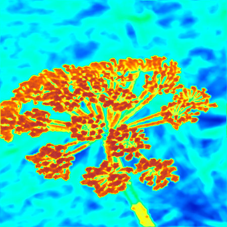 Close blossoming flowers in meadow. Thermal camera photography, infrared scanの写真素材