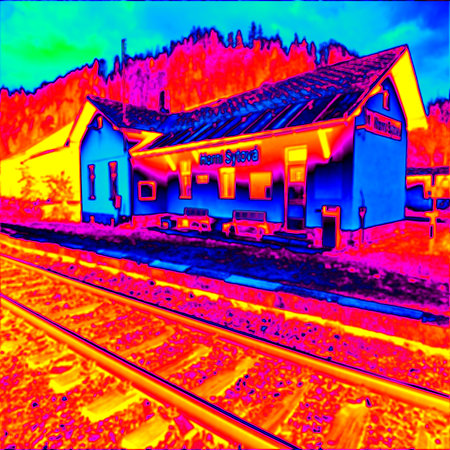Abandoned rural railway station. The last functioning track. Thermal camera photography, infrared...