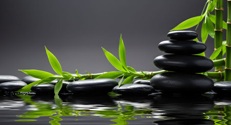 Peaceful spa-inspired image with green bamboo stems and stacked stones above calm reflective water. Perfect for wellness, meditation, and spa concepts. AI generated image.の素材