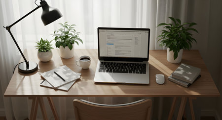 A modern minimalist home office desk featuring a laptop, notebooks, lamp, and indoor plants near a bright window. AI generated image.の素材