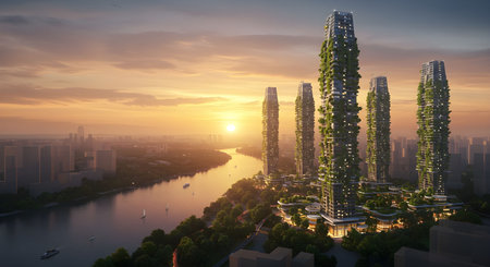 Stunning view of a majestic modern city rising above the clouds during sunrise. Tall skyscrapers illuminated by golden morning light. This image is AI generated.の素材