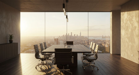 Modern office interior with minimalist furniture, wooden desk, ergonomic chair, and natural daylight through large windows. This image is AI generated.の素材