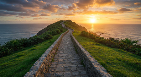 Railroad in the countryside with a mountain backdrop and soft evening light. Peaceful and inspiring travel scenery representing adventure. This image is AI generated.の素材