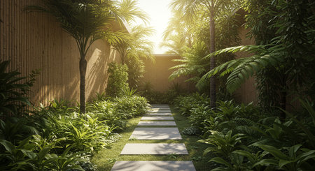 Beautiful garden path illuminated by gentle morning sunlight through the trees. Fresh and serene nature scene ideal for wellness. This image is AI generated.の素材