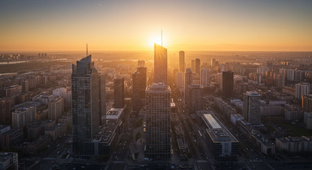 AI generative image of a modern city skyline bathed in the warm glow of sunrise. Skyscrapers reflect the golden light as the morning mist creates a dreamy and peaceful atmosphere.の素材
