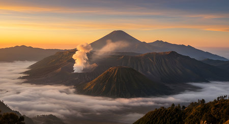 AI-generated image capturing the breathtaking sunrise over Mount Bromo, one of Indonesiaâs most iconic volcanoes.の素材