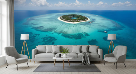 AI-generated image of a stylish modern living room featuring a large ocean-themed wall mural that gives the impression of an underwater or seaside view.の素材