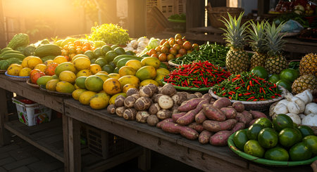AI-generated image of a local market stall filled with colorful fresh vegetables and fruits under warm morning light. Depicts Indonesian traditional market atmosphere.の素材
