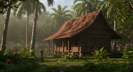 AI-generated illustration of an old rustic wooden house surrounded by dense tropical vegetation. Depicts peaceful countryside lifestyle.の素材