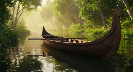 AI-generated image of a small canoe resting on a quiet tropical river with sunlight filtering through lush green trees. A peaceful nature scene symbolizing simplicity, exploration.の素材