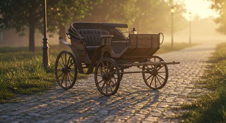 AI-generated image of a horse-drawn carriage moving through an old city street illuminated by warm morning light. The vintage atmosphere evokes romance and historical elegance.の素材