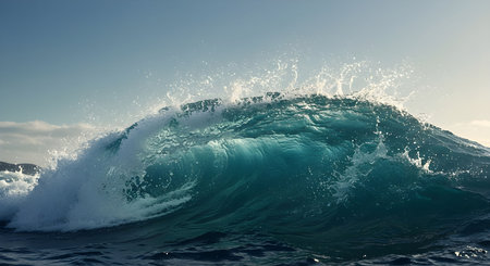 AI generated image of a powerful ocean wave crashing under soft sunrise light. High detail and natural realism ideal for marine, nature, or environmental concepts.の素材