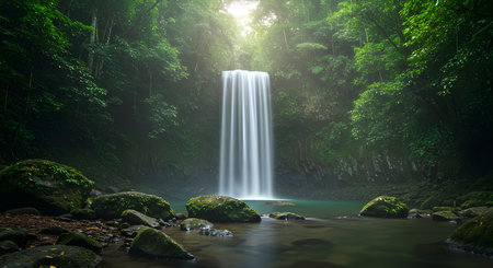 AI generated image of a tropical rainforest waterfall surrounded by lush green trees and soft mist. A peaceful natural scene ideal for eco tourism and wellness concepts.の素材