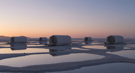 AI generated image of modern floating houses on calm reflective water under a pastel evening sky. Minimalist and futuristic style ideal for architecture or travel concepts.の素材