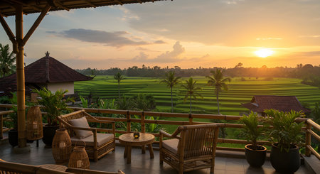 AI generative artwork showing a traditional wooden terrace overlooking golden rice fields at sunset. Warm, relaxing scene perfect for travel and culture themes.の素材