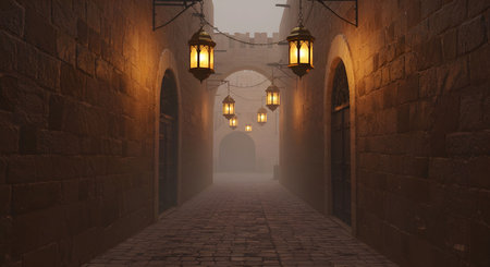 AI generative image of an ancient stone alleyway illuminated by warm lanterns in the misty fog. Atmospheric and mysterious mood perfect for cinematic, travel, or historical themes.の素材