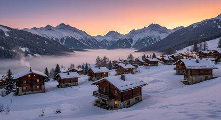 AI generative artwork of a picturesque alpine village covered in snow under sunset sky. Cozy winter scenery perfect for travel, holiday, and seasonal themes.の素材