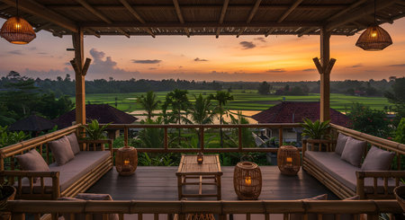 AI generated image of an open-air tropical terrace with panoramic rice field view during sunset. Ideal for luxury resort, tropical vacation, and cultural travel concepts.の素材