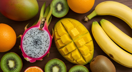 AI generative image featuring colorful tropical fruits like dragon fruit, mango, kiwi, and oranges in close-up composition. Ideal for healthy lifestyle, and organic food.の素材