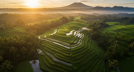 AI generative image of Bali rice terraces glowing under sunrise light with misty hills in the background. A stunning Indonesian landscape perfect for travel, and agriculture.の素材