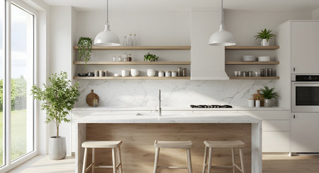 AI generative image of a clean and elegant white minimalist kitchen with natural light, modern furniture, and green plants. Ideal for home interior, and architecture.の素材