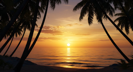 AI generative image of a tropical beach at sunset with silhouettes of palm trees and golden sunlight reflecting on the ocean. Perfect for travel, vacation, and nature background.の素材