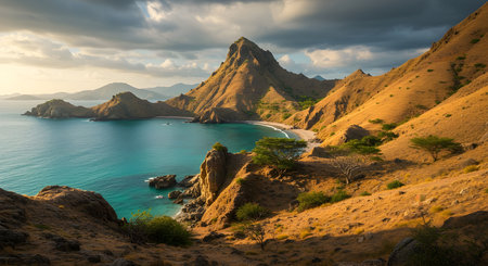 AI generative image of Komodo Island, Indonesia, showcasing its stunning rugged hills, turquoise ocean, and bright tropical sky.の素材
