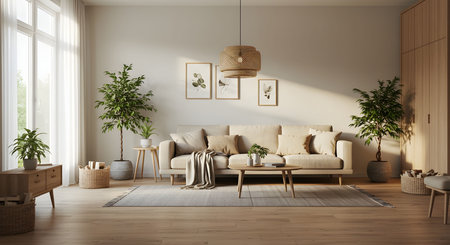 AI generative photo of a stylish living room featuring large windows, natural sunlight, indoor plants, and wooden elements in Scandinavian style. Great for home decor, real estate.の素材