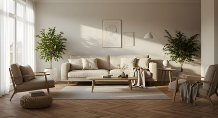 AI generative image of a bright modern minimalist living room with natural sunlight, wooden flooring, neutral furniture, and indoor plants. Perfect for architecture, home decor.の素材