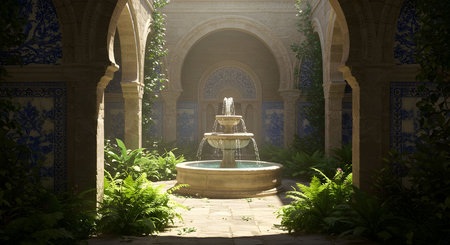 AI generative image of a classic Mediterranean-style courtyard with a stone fountain surrounded by lush green plants and soft natural light. Perfect for architecture, and travel.の素材