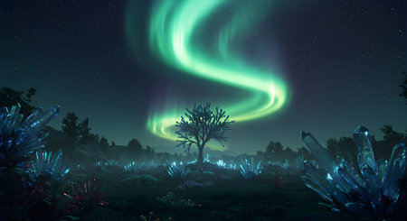 AI generative image of a vibrant aurora borealis glowing above a dark forest landscape. Perfect for astronomy, nature, and travel concepts.の素材