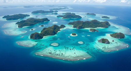 AI generative image showing the breathtaking beauty of Raja Ampat Islands in Indonesia, with turquoise sea, coral reefs, and lush green islets under clear tropical skies.の素材