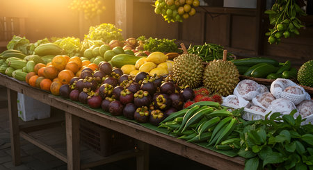 AI generative image of a vibrant traditional market stall with tropical fruits and vegetables under warm morning light. Ideal for food market, agriculture, and local lifestyle.の素材